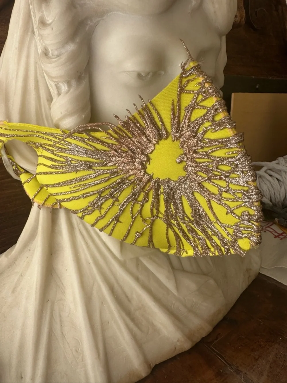 Designer Couture hand painted neon yellow mask with gold stars galaxy NEW